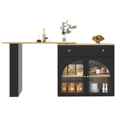 Produktbild von Flieks ausziehbarer Bartisch mit Stauraum, 360° drehbare Essbar 138-204x39x104 cm, Hochtisch Kücheninsel mit Regalen und Glastüren, schwarz