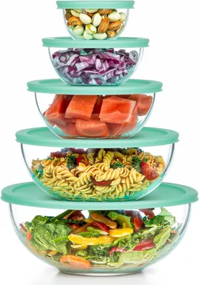 Productafbeelding van Set van 5 saladekommen met deksel, stapelbare glazen kommen, inhoud: 3,3 liter / 2 liter / 1 liter / 0,47 liter / 0,19 liter, BPA-vrij, vaatwasmachinebestendig en geschikt voor de magnetron (zonder deksel), voor salade, fruit en groenten