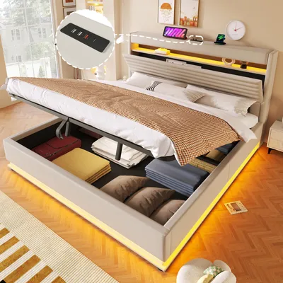 Produktbild von Merax Polsterbett 180x200 cm, Doppelbett mit USB Typ-C Ladefunktion, LED-Beleuchtung, Hydraulische Lagerung, Flip-Top-Aufbewahrungsfach, Linen, Beige
