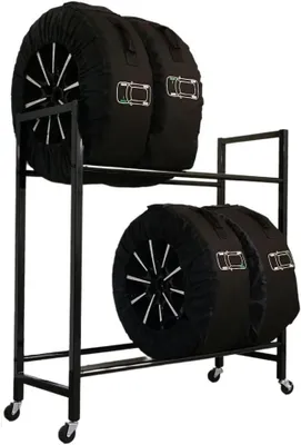 Productafbeelding van CARRERO bandenrek op wielen, 115x111x40 cm (h x b x d), voor maximaal 8 banden op 2 niveaus, zwart, werkplaatsrek, opslagrek en kelderrek