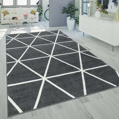 Teppich Wohnzimmer Kurzflor Skandinavischer Stil Rauten Muster Grau Anthrazit Grösse 120x170 cm