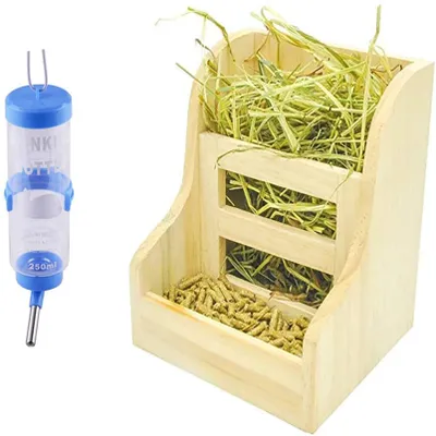 Heuraufe Holz mit Trinkflasche für Kaninchen, 2 Stück