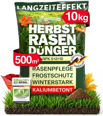 Produktbild von DÜNGEMEISTER Herbst Rasendünger – mit Langzeitwirkung und KaliumschutzPlus Formel für extrem winterfesten, sattgrünen Rasen! Perfekte Widerstandsfähigkeit gegen Frost & Krankheiten (10kg), KI-generiertes Bild