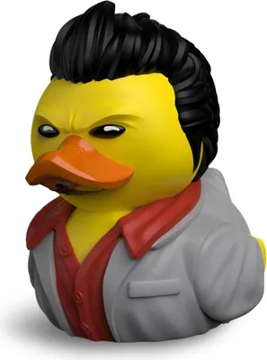 A rubber duck toy dressed as a character.