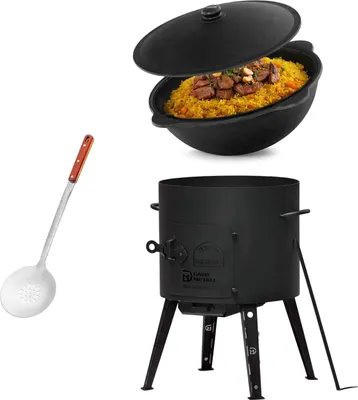 Produktbild von Ø40cm Uchag 2mm Stahl 12L Kazan Gusseisen mit Dekel Schaumkelle Utschak Feuerstelle  WOK Kasan  Utschag Campingofen Feldküche Außenküche Eintopfofen