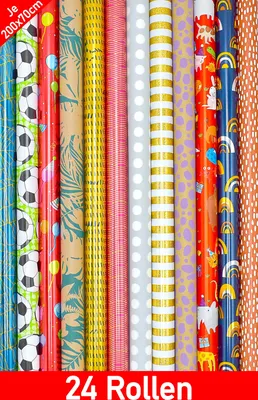 Produktbild von 24 Rollen Geschenkpapier, Rolle 200 x 70 cm, Geburtstag, Ganzjahr, Bunt, Mix gemischt, Verpackung, Geschenkverpackung, Geburtstag, Feier, Papier