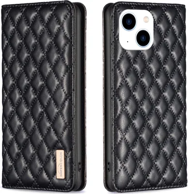 A black quilted leather flip case for an iPhone 15 Plus, shown from the front and back.