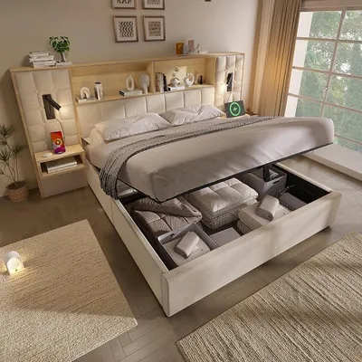Imagen del producto de Cama doble tapizada de 160x200 con espacio de almacenamiento, color beige. Cama con espacio de almacenamiento tapizada en lino, con luces LED de lectura y puertos USB-C, 2 mesitas de noche flotantes, sistema hidráulico, incluye somier, sin colchón