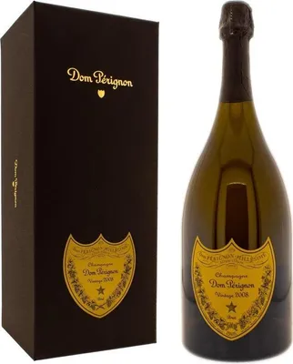 A bottle of Dom Perignon champagne and its gift box.