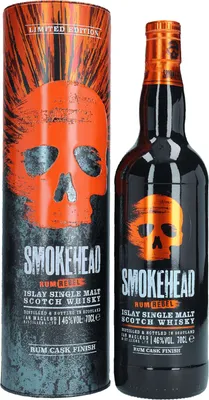 A bottle of Smokehead Rum Rebel Islay Single Malt Scotch Whisky and its packaging.