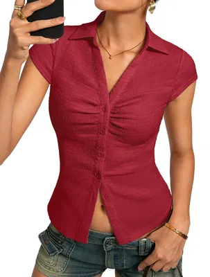 Productafbeelding van Damen blouse met plooien, V-hals, knoopsluiting, slim fit, Y2K stijl, zomerkleding