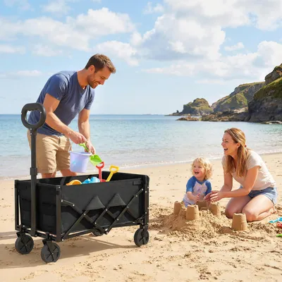 Produktbild von Bollerwagen faltbar 80L, Handwagen Gartenwagen, Transportwagen Oxfordstoff, Schwarz | 71x45x86 cm | Teleskopgriff | Getränkehalter