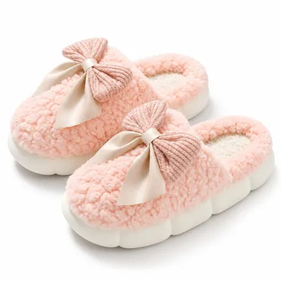 Produktbild von Plüsch Hausschuhe Damen mit Schleife – flauschige Teddy-Pantoffeln mit weichem Futter – Rosa, Gr. 38–39