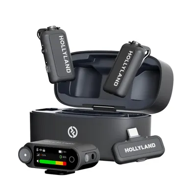 A set of wireless microphones and their charging case, displayed against a white background.