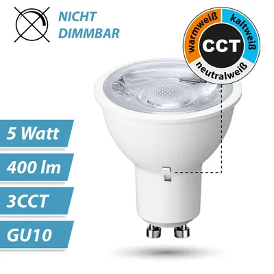 Produktbild von 10x LED GU10 Leuchtmittel mit 3CCT – 5W – 400 Lumen – Warmweiß, Neutralweiß, Kaltweiß – Einstellbar – IP20