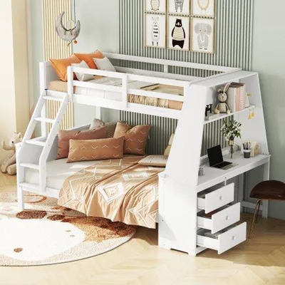 Immagine prodotto di Letto a castello 140x200 cm, lettino con tavolino, ampio cassetto, sponde alte, bianco