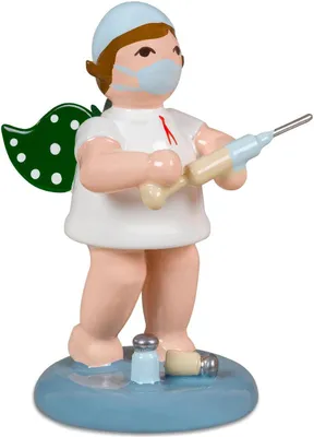 Productafbeelding van Houten engelbeeldje met spuit en kap, kleurrijk, hoogte 6 cm, nieuw