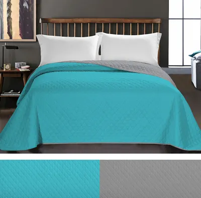Produktbild von Luxus Bettüberwurf Axel mit Uni Wendedesign - Zweiseitige Tagesdecke, Farbe:Turquoise / Steel, Größe:260 x 280 cm