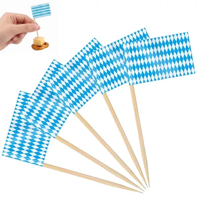 100 Oktoberfest-Cocktailspieße mit blau-weißen Fähnchen