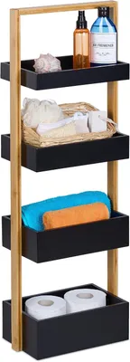Produktbild von Badezimmerregal - 4 Etagen - 88 x 30 x 18 cm - Freistehendes Regal für Badezimmer & Küche - Bambus - MDF - Natürliches Design - Schwarz