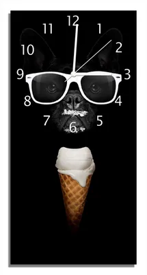 Produktbild von Wallario Design Wanduhr Hund mit Eis aus Echtglas, Größe 30 x 60 cm