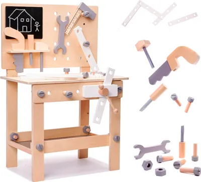 Produktbild von Kinder Werkbank Set - Holz Kinderwerkbank | Werkstatt Werkbank mit viel Werkzeug Zubehör aus Holz | Werkzeugbank Spielzeug Tisch für Kinderwerkstatt| für Jungs & Mädchen ab 3 Jahren