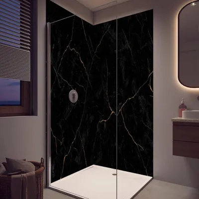 Produktbild von Duschrückwand - Wandverkleidung für Dusche aus Acryl 0,3 cm - 120 x 200 cm -  Schwarzer Marmor mit dünnen goldenen Adern