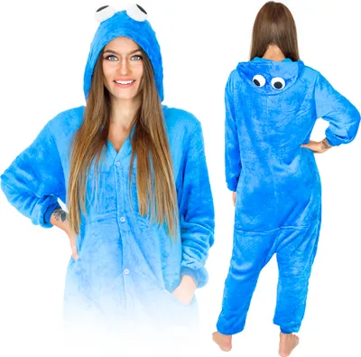 Produktbild von Jumpsuit Onesie für Damen und Herren - Sanft Kuschelig Uni Pyjama - Warme Schlafanzug - Karneval Kostüm - Karnevalskostüm- Größe 168-178 cm (L) - Blaues Monster