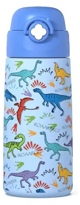 Immagine prodotto di Borraccia per bambini in acciaio inossidabile con cannuccia, 500 ml, colore blu, design a forma di dinosauro