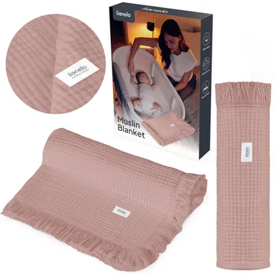 Image de Couverture en mousseline Lionelo 70 x 100 cm – coton 6 couches, couverture pour bébé toutes saisons avec franges, respirante et douce – rose