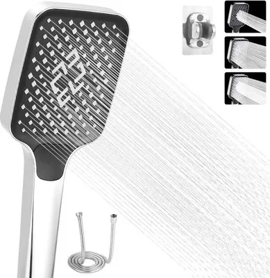 Image de Unyqoos® Douche économique en eau, pommeau de douche de 105 mm avec flexible et support, 3 types de jets, ABS chromé, argenté, raccord universel G12