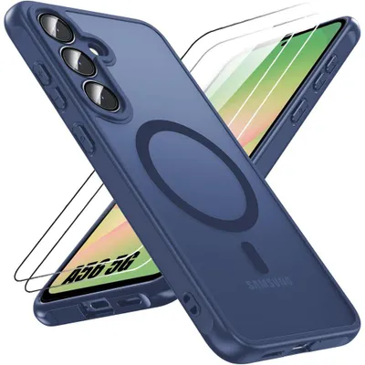 Image de Coque et 2 Verres Trempés pour Samsung Galaxy A56 5G, avec Cercle Magnétique et Vitre Caméra - Bleu Marine