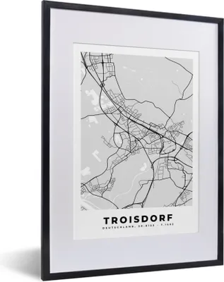 Produktbild von MuchoWow® Gerahmtes Poster Karte - Troisdorf - Deutschland - Stadtplan 30x40 cm - Poster mit Schwarzem Bilderrahmen Wandposter Rahmen Foto Bilder - Wandposter Schlafzimmer