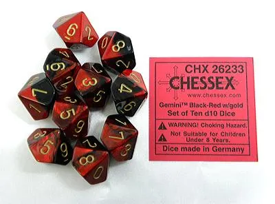 Produktbild von Chessex Gemini Schwarz-Rot/Gold D10 Würfelset (10 Stück)