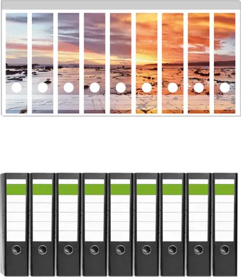 Produktbild von Wallario 9 Stück breite Ordner inkl. Klebeetiketten mit Motive Wattwanderung am Meer bei Sonnenuntergang -  Set mit Rückenschildern / Ordnerrücken Stickern