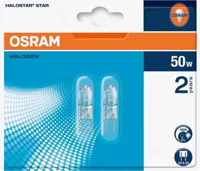 Zdjęcie produktu dla OSRAM HOMELIGHTING HV halogen EEC: G (A - G) GY6.35 12 mm 12 V 50 W Warm white Pin base dimmable 2 pc(s)