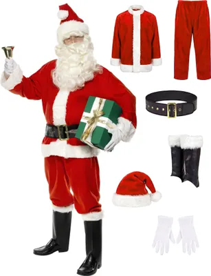A man dressed as Santa Claus holding a gift and a bell, with various costume accessories laid out around him.