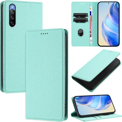 Immagine prodotto di Custodia in pelle per Sony Xperia 10 V, pelle Litschi, custodia a portafoglio con slot per carte e supporto Turchese
