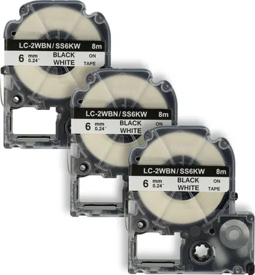Produktbild von vhbw 3x Schriftband-Kassette kompatibel mit KingJim SR530, SR550, SR530C, SR3900P, SR6700D, SR40, SR750 Etiketten-Drucker 8m x 6mm Schwarz auf Weiß