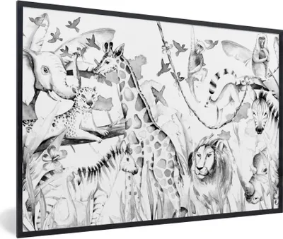 Produktbild von MuchoWow® Gerahmtes Poster Wasserfarben - Tiere - Dschungel - Rosa - Mädchen - Kinder - Kinder 90x60 cm - Poster mit Schwarzem Bilderrahmen Wandposter Rahmen Foto Bilder - Fotorahmen - Foto-Plakat