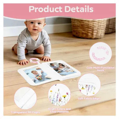 Produktbild von Babyfotoalbum für 17 Fotos (6,5x4,5 Zoll), Babyalbum aus weichem Stoff mit Sicherheitsspiegel und Anhänger für Neugeborene/Kleinkinder/Baby-Dusche Erinnerungen (weiße Blüten)