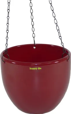 A red hanging planter pot with chains.