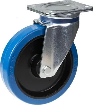 Produktbild von 200mm-Lenkrolle mit blauem Elastikgummi auf Nylon-Mittelrad