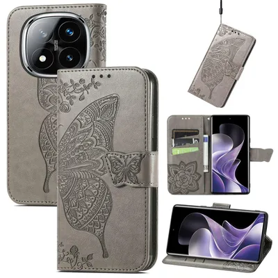 Produktbild von Für Xiaomi Redmi Note 14 Pro Plus 5G Kunstleder Wallet Handy Tasche Schmetterling Design Hülle Etuis Grau