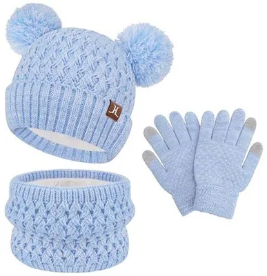 Productafbeelding van Wintermuts, sjaal en handschoenen set voor kinderen, 2-7 jaar, gebreid met pompon, uniseks winteraccessoires