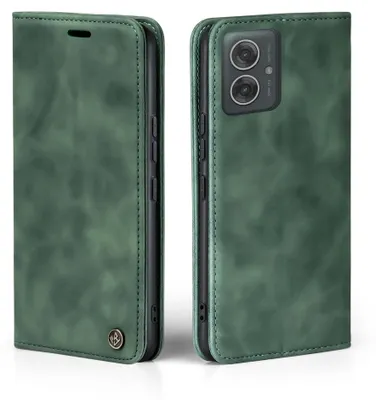 A green flip case for a phone, shown from the front and back.