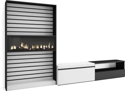 Produktbild von Wohnwand Wohnzimmer, 310x35x186cm, Für TV-Geräte bis zu 80", Elektrokamin XXL, Weiß und Schwarz