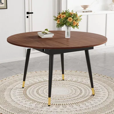 Image de Table à manger extensible, de forme ronde à ovale, en MDF, avec pieds en métal (finition noyer)