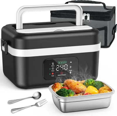 Produktbild von Elektrische Lunchbox mit Akku, 60W Thermo Lunchbox, 1L Edelstahl Lunch Box Tragbarer Essenswärmer mit 16000mAh Batterie, Timer, USB Aufladbar, Schwarz