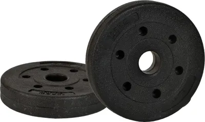 Two black weight plates are shown against a white background.